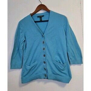 Lauren Ralph Lauren Cardigan Womens L Sweater Blue Button Cozy Winter Casual